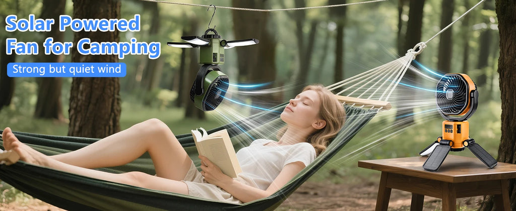 Solar Powered Fan 6000mAh Battery Operated 4 Speed Wind with Led Light Outdoor Tent Fans for Camping Essentials Accessories