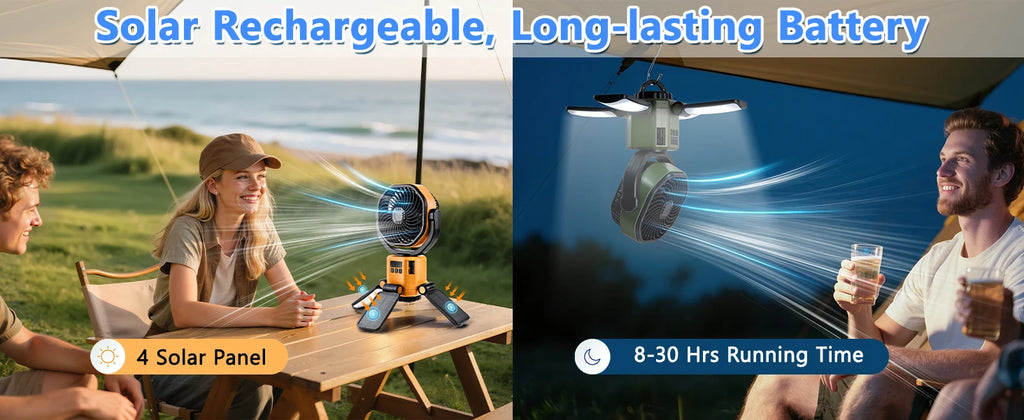 Solar Powered Fan 6000mAh Battery Operated 4 Speed Wind with Led Light Outdoor Tent Fans for Camping Essentials Accessories