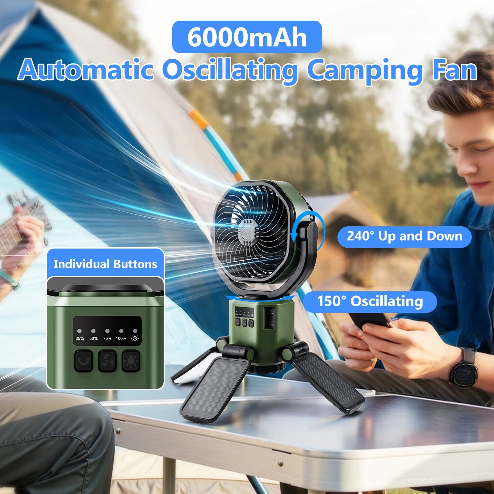 Solar Powered Fan 6000mAh Battery Operated 4 Speed Wind with Led Light Outdoor Tent Fans for Camping Essentials Accessories