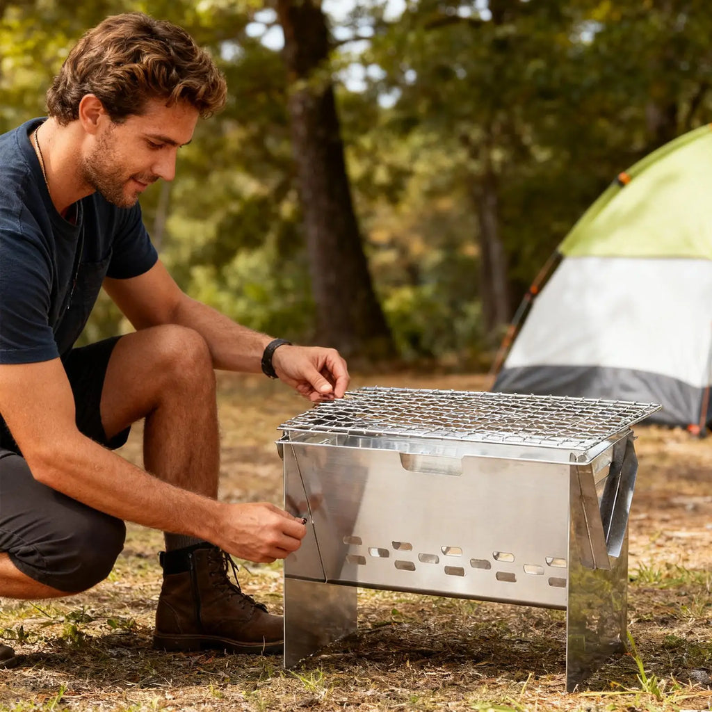 Foldable Portable Charcoal Grill Compact Stainless Steel Camping Fire Pit Lightweight BBQ For Outdoor Cooking Backpacking Picnic