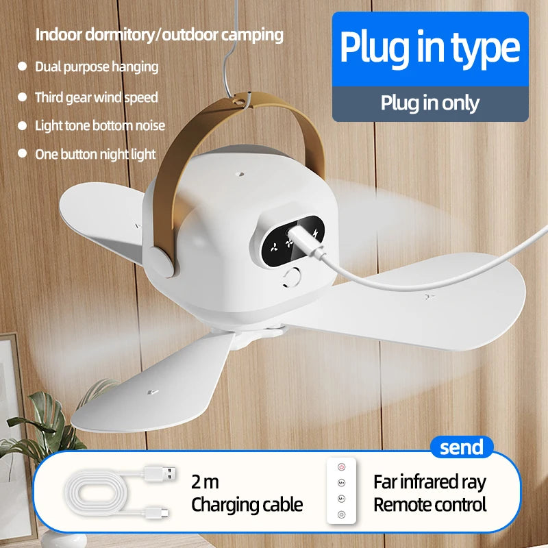 Portable Ceiling Fans Mini Outdoor Camping Fan Tent Ventilator Cooler Rechargeable Electric Fan Remote Control LED Lighting