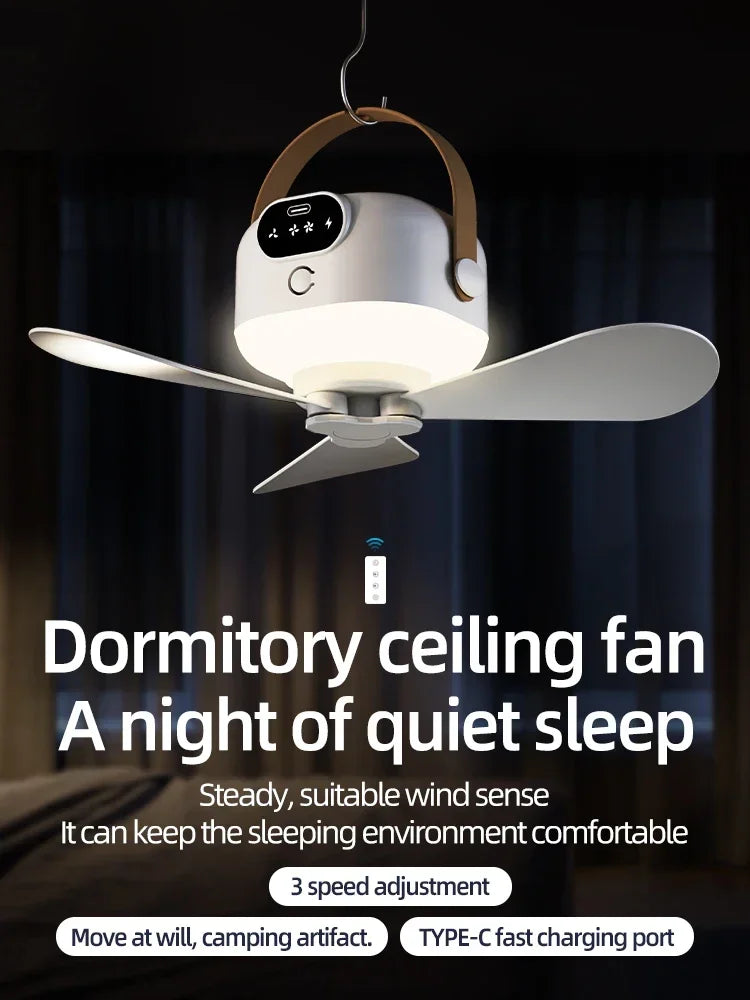 Portable Ceiling Fans Mini Outdoor Camping Fan Tent Ventilator Cooler Rechargeable Electric Fan Remote Control LED Lighting