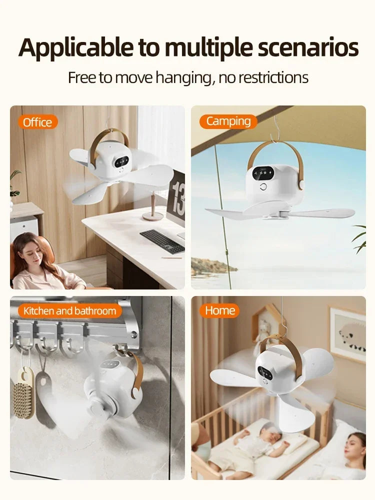 Portable Ceiling Fans Mini Outdoor Camping Fan Tent Ventilator Cooler Rechargeable Electric Fan Remote Control LED Lighting