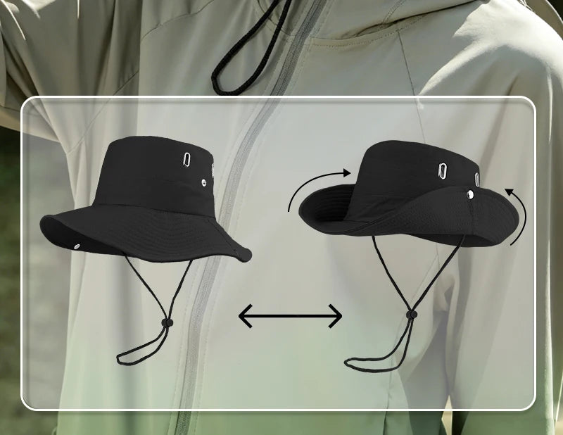 Hiker and Mountain Print Outdoor Bucket Hat: Wide-brimmed, breathable bucket hat with drawstring, perfect for hiking and camping
