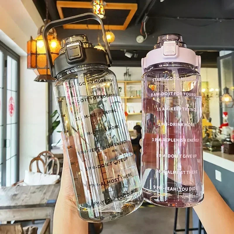 2L Straw Water Bottle Large Capacity Plastic Water Cup Portable Drink Bottle With Time Marker For Outdoor Sports