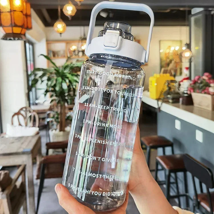 2L Straw Water Bottle Large Capacity Plastic Water Cup Portable Drink Bottle With Time Marker For Outdoor Sports