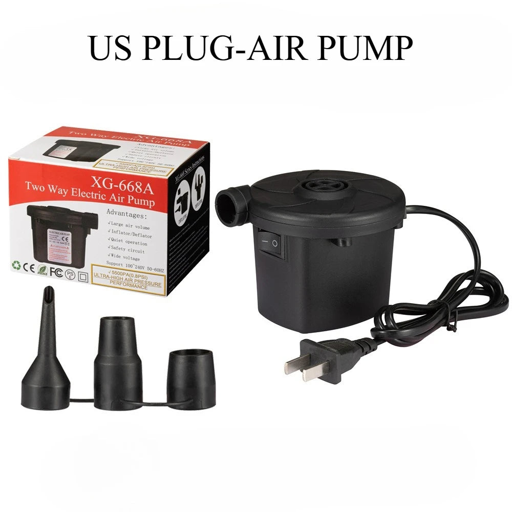 Portable electric air pump with multiple nozzles for quick and easy inflation of air mattresses, pool rafts and inflatable toys