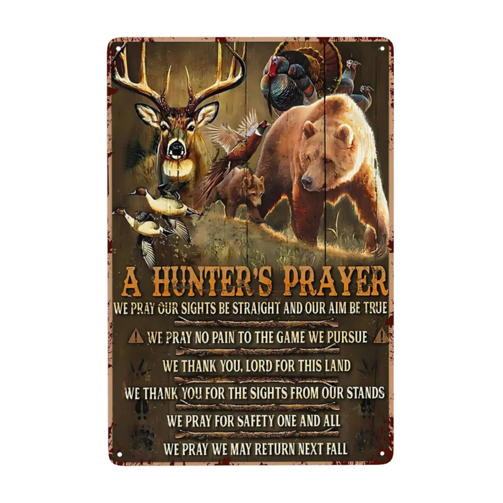 1pc, Hunting Signs for Room Hunter's Prayer Bear Deer Bird Metal Sign Decor Wall Art for Men Home Bar Garage Bathroom 12x8 In