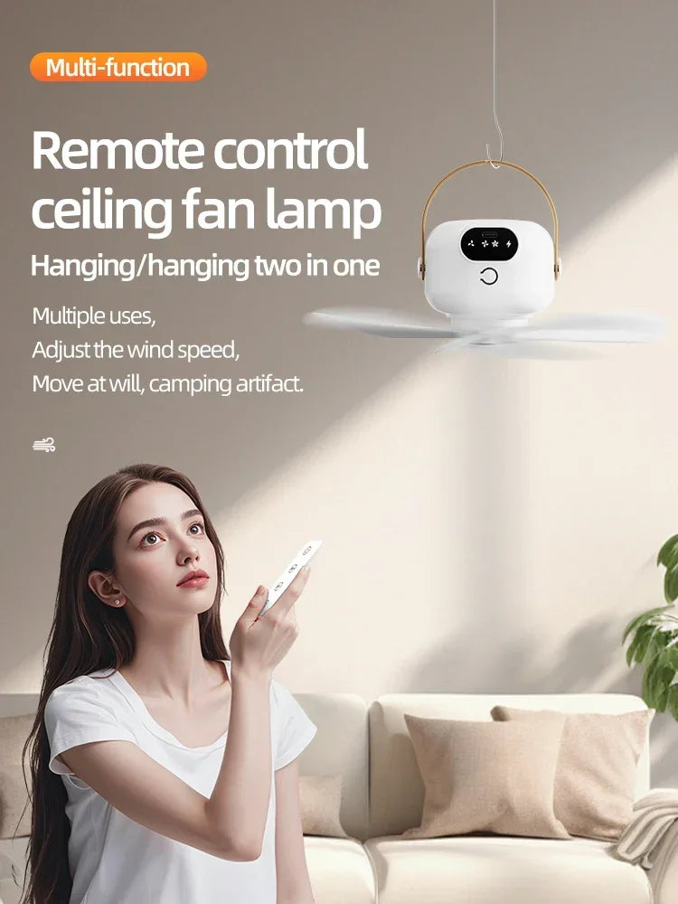 Portable Ceiling Fans Mini Outdoor Camping Fan Tent Ventilator Cooler Rechargeable Electric Fan Remote Control LED Lighting
