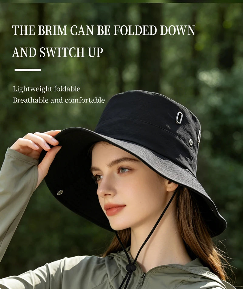 Hiker and Mountain Print Outdoor Bucket Hat: Wide-brimmed, breathable bucket hat with drawstring, perfect for hiking and camping