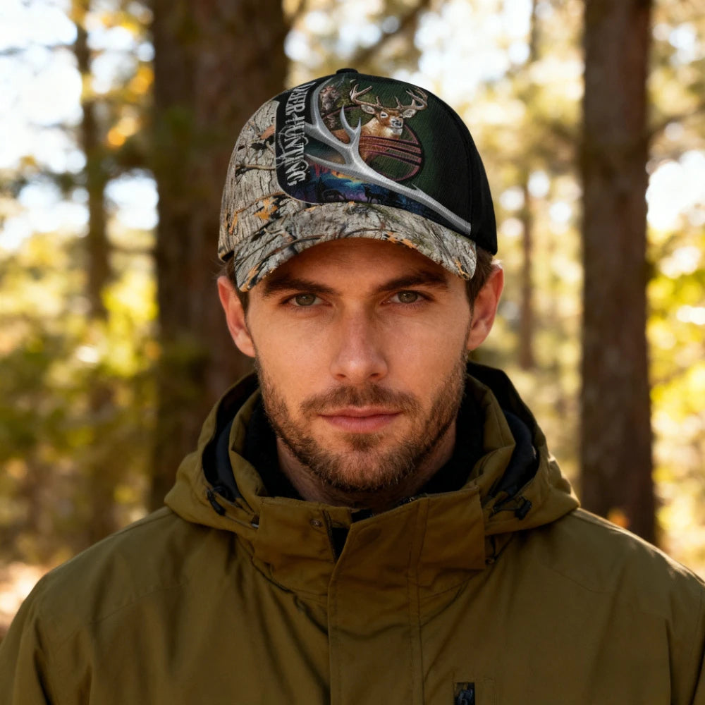 Deer Hunting Camo Baseball Cap with Deer Head & Antlers Design for Outdoor Hunting Gear Camouflage Hat Sport Unisex Snapback