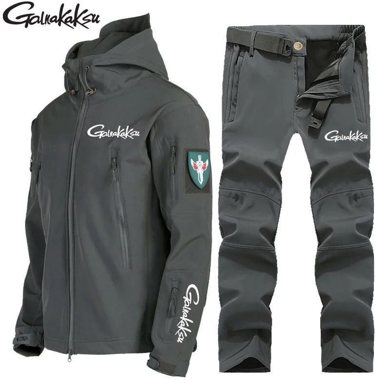 New Fishing Outdoor Jackets Suit Men's Winter Warm Plus Velvet Soft Shell Pants Fishing Ski Mountaineering Clothing Cold Fleece