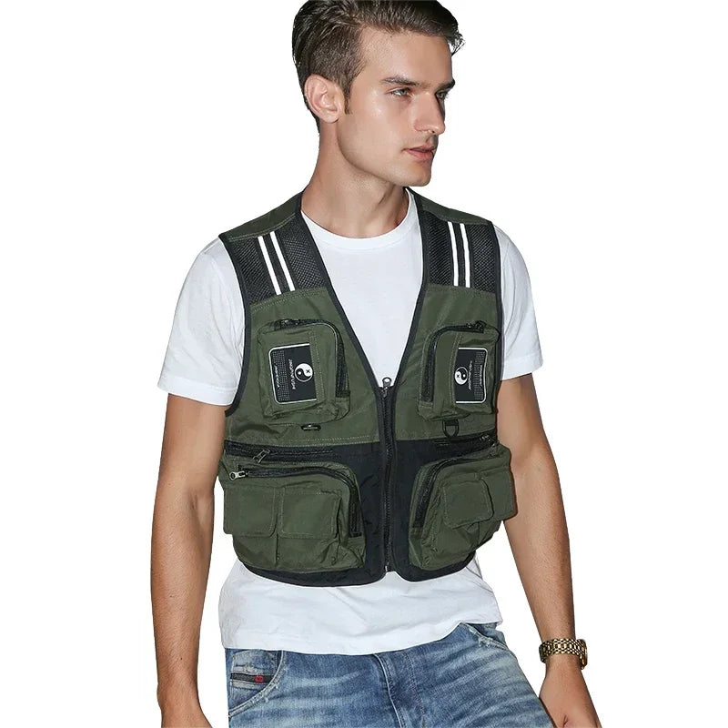 Fishing Vest Detachable Multiple Pockets Breathable Grid Mesh Comfortable Wear-Resisting with Reflective Stripe