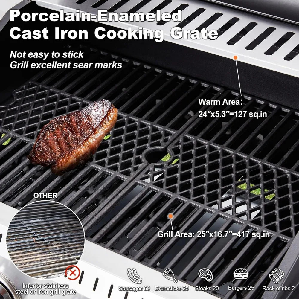 Stainless Steel Gas Grill 44000 BTU 4 Burner BBQ Station with Side Stove Cast Iron Grates Professional Kitchen Outdoor Pro