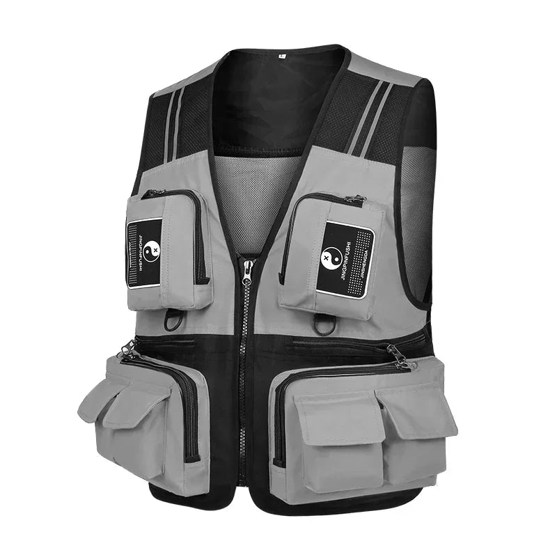 Fishing Vest Detachable Multiple Pockets Breathable Grid Mesh Comfortable Wear-Resisting with Reflective Stripe