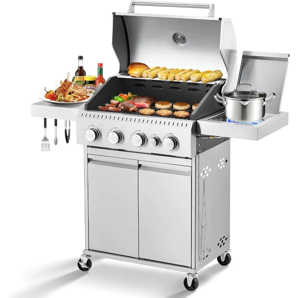 Stainless Steel Gas Grill 44000 BTU 4 Burner BBQ Station with Side Stove Cast Iron Grates Professional Kitchen Outdoor Pro