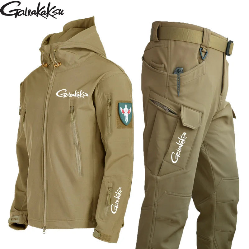 New Fishing Outdoor Jackets Suit Men's Winter Warm Plus Velvet Soft Shell Pants Fishing Ski Mountaineering Clothing Cold Fleece