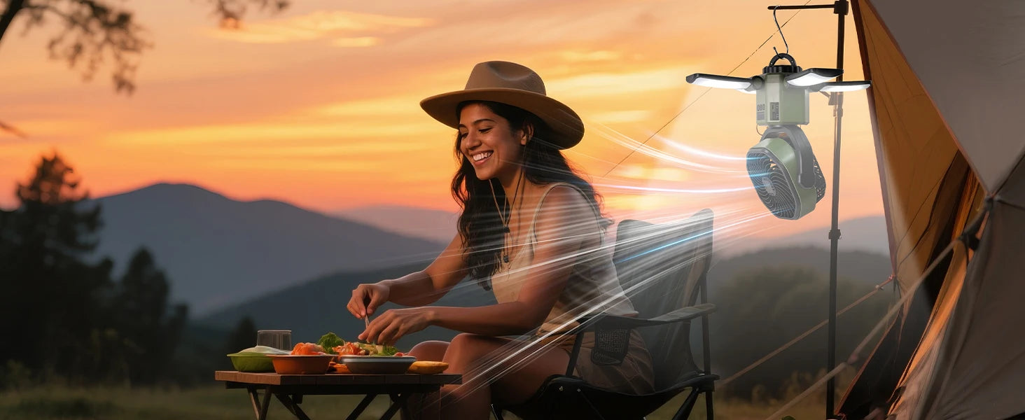 Solar Powered Fan 6000mAh Battery Operated 4 Speed Wind with Led Light Outdoor Tent Fans for Camping Essentials Accessories