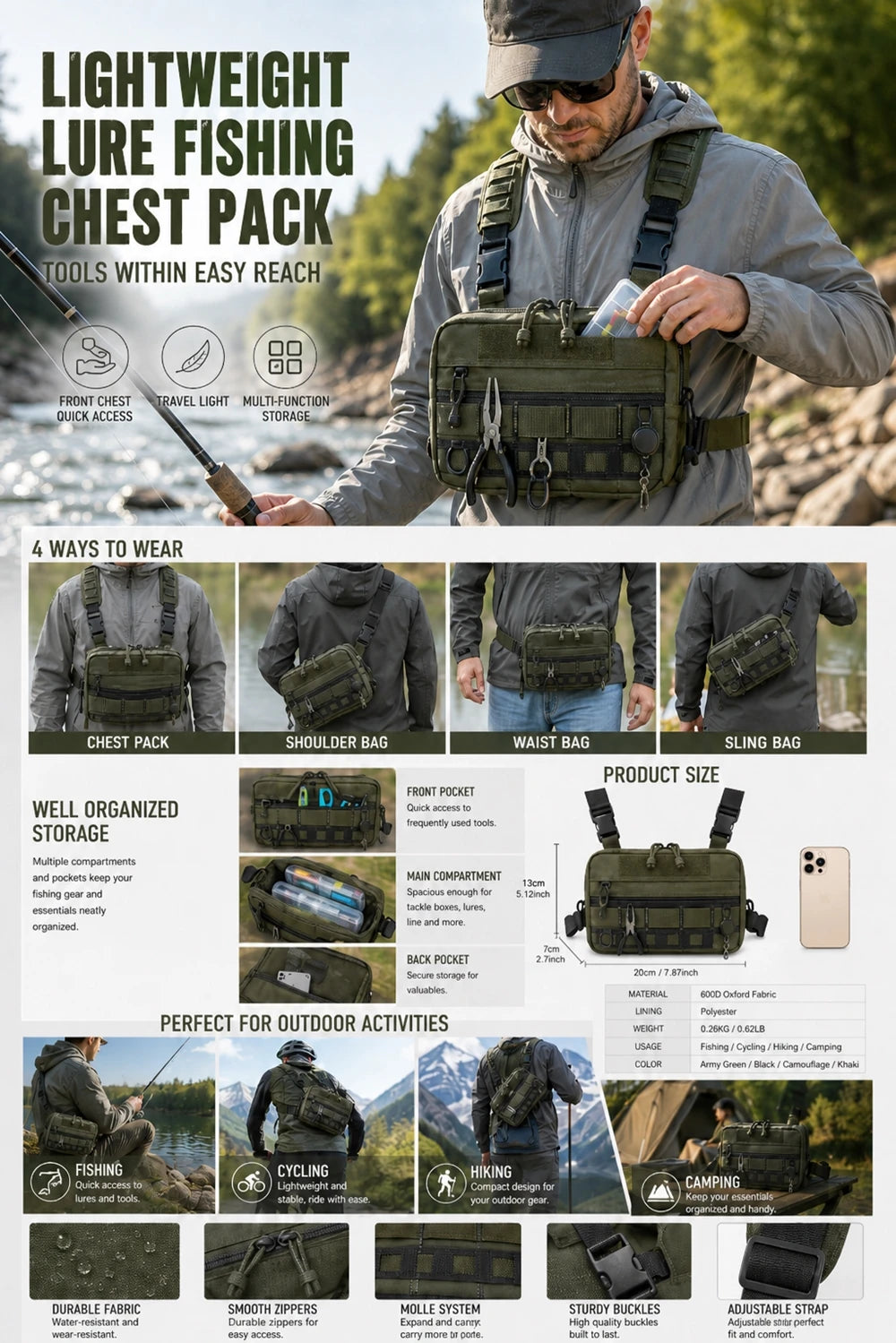 Chest Bag Fishing Waist Bag Fishing Quick Access Lure Fishing Bag Outdoor MOLLE Tackle Bag for Hiking Camping Cycling