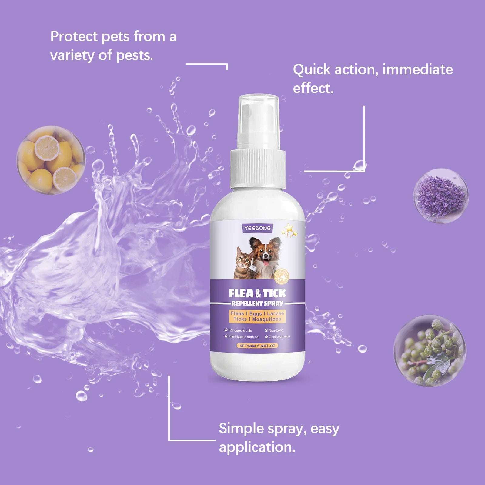Pet Flea Tick Repellent Spray Waterproof Fur Clean Relieve Skin Itching Remove Mite Lice Dogs Cats External Insect Spray 50ml