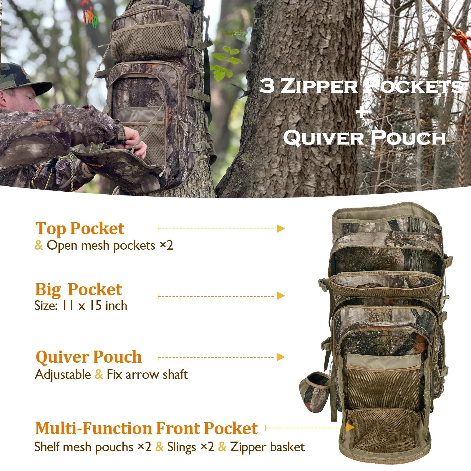 Camo Bow Hunting Backpack for Men，Saddle Hunting Back Pack with Bow Holder, Elk and Deer Hunting Bag
