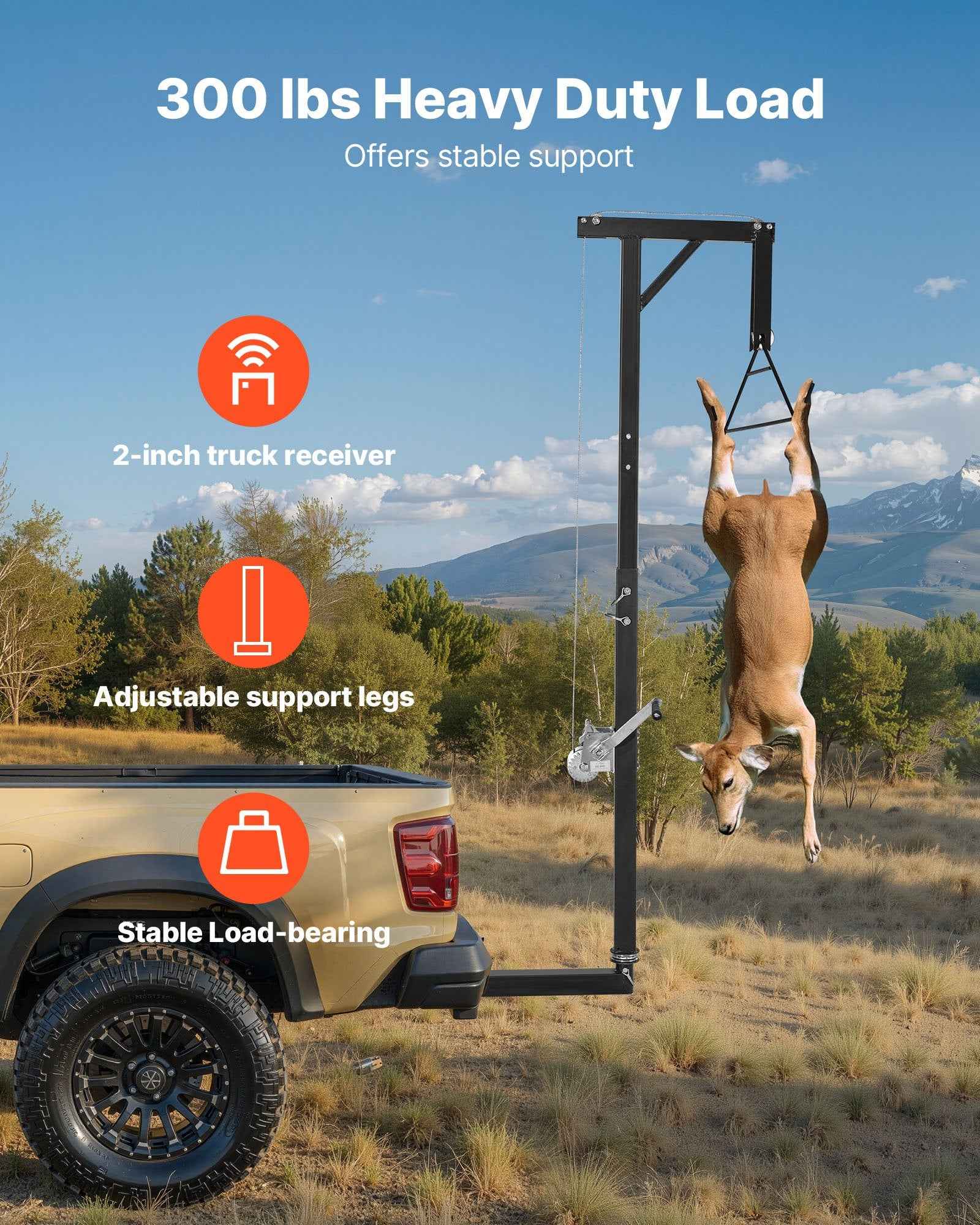 Truck Hitch Game Hoist, 300 Lbs Load Capacity, Hunting Deer Hoist With 2-inch Receiver, 360-Degree Swivel Shaft & Adjustable Height, Includes Gambrel Winch For Skinning & Cleaning Game